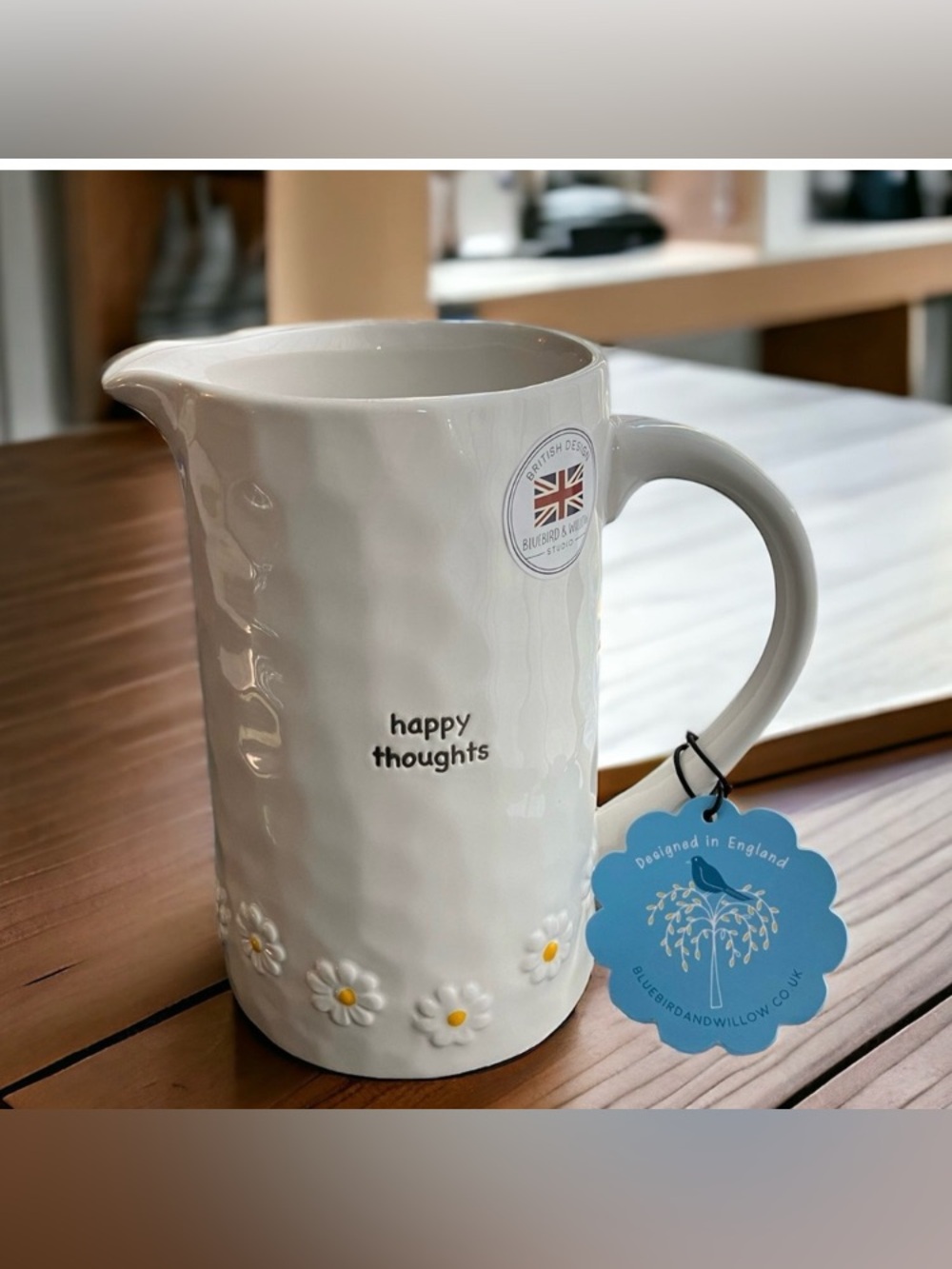 NEW Bluebird and Willow Studio "happy thoughts" Handled Pitcher/Vase Daisy